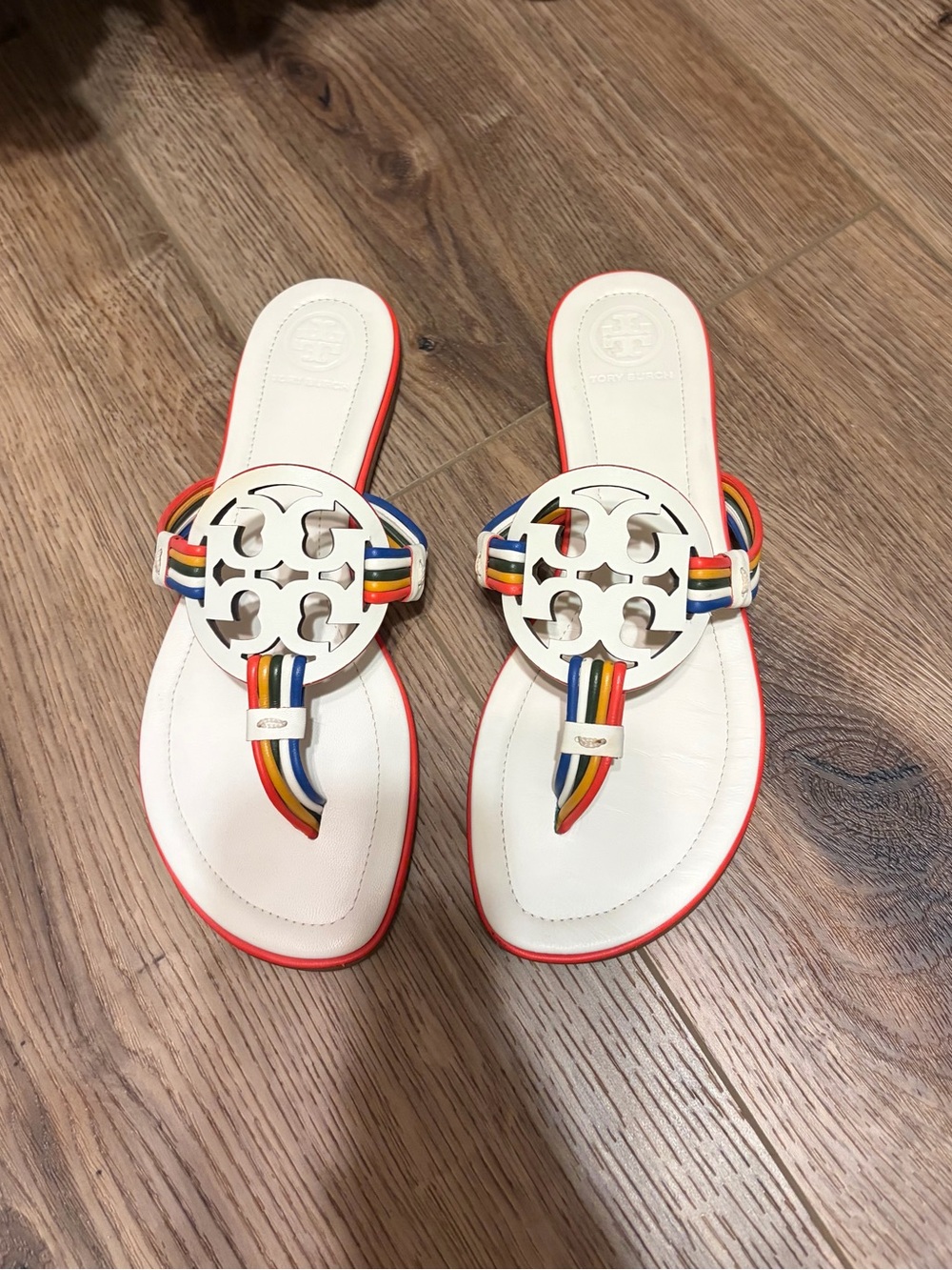 Tory Burch White Leather Sandals with Rainbow Straps